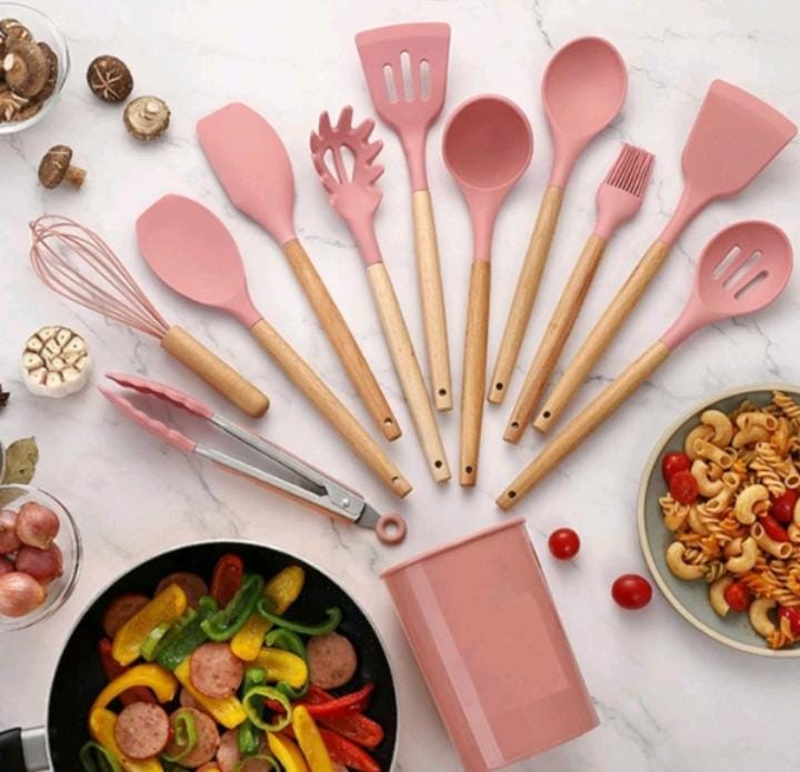 Drop Kit 12 Peças Colher para Cozinha Silicone BPA Antiferrugem Utensílios de