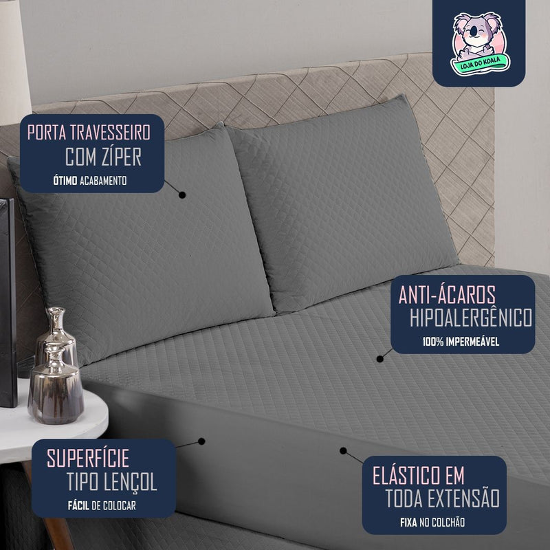 Kit Capa de Colchão Impermeável c/ 4 Camadas de Proteção + Protetor Impermeável p/ Travesseiro Solteiro / Casal / Queen / King
