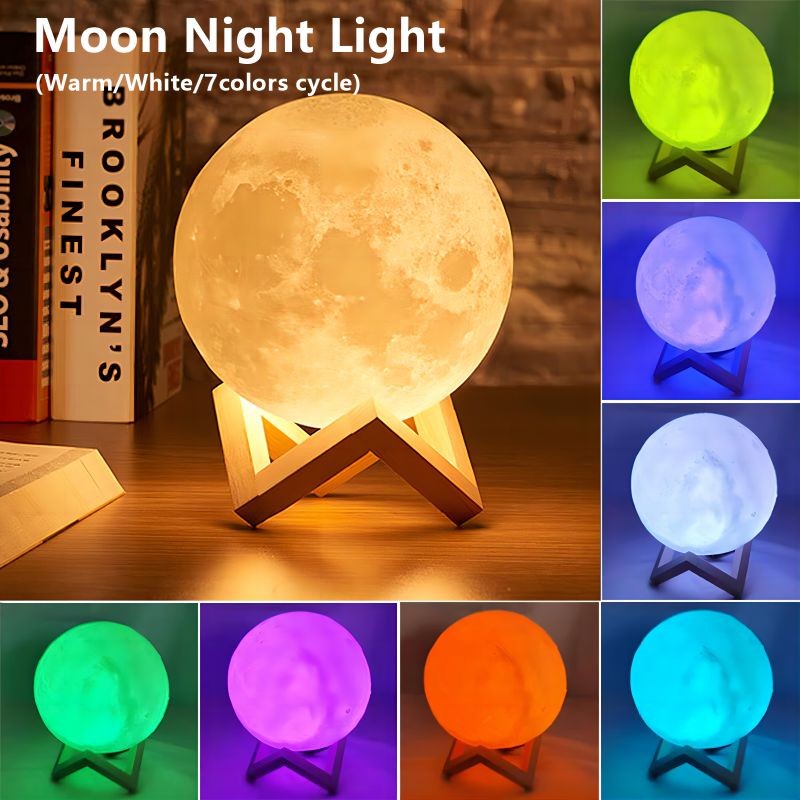 Lâmpada LED Lunar Recarregável com Interruptor de Toque, Impressão 3D, Luz Noturna Criativa