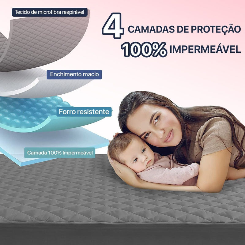 Kit Capa de Colchão Impermeável c/ 4 Camadas de Proteção + Protetor Impermeável p/ Travesseiro Solteiro / Casal / Queen / King