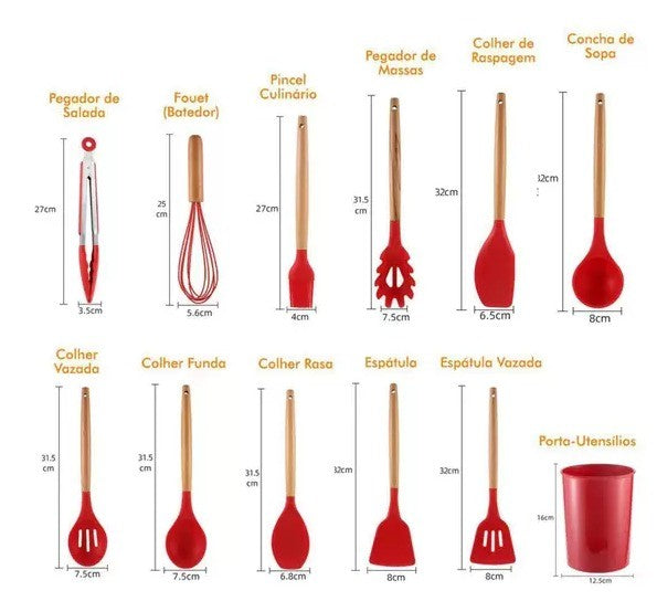 Drop Kit 12 Peças Colher para Cozinha Silicone BPA Antiferrugem Utensílios de
